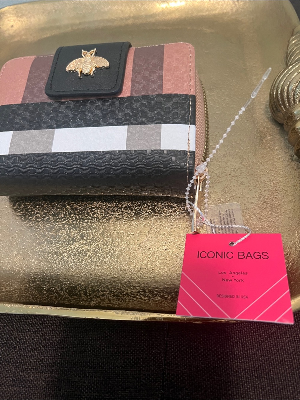 #2001**& Pink/Black Striped Compact Wallet with Gold Charm Bee Accent - Picture 5 of 12